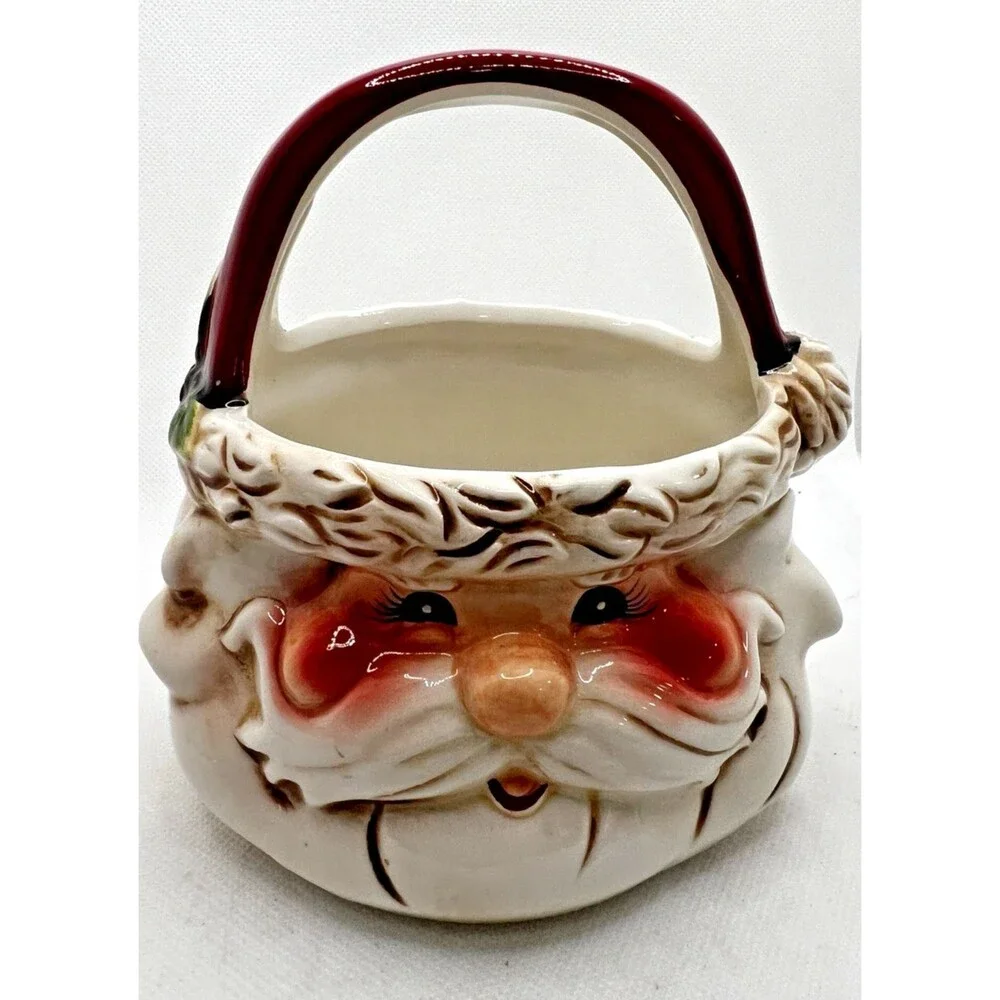 Earthenware Santa Basket glass decor christmas vintage ceramic